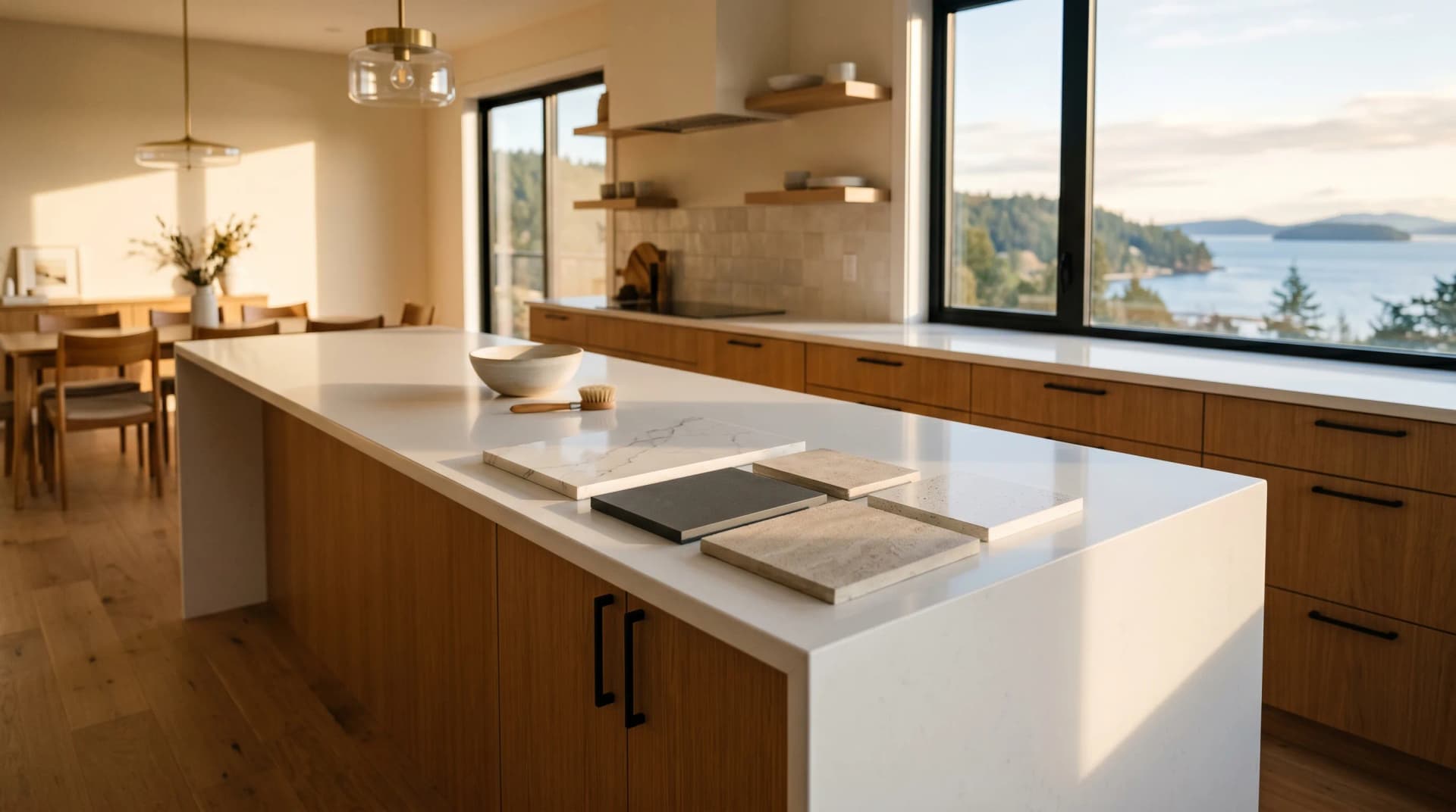 A Hammond Bay or North Nanaimo contemporary kitchen at golden hour with a polished white engineered quartz waterfall island, mitered edge, white-oak cabinetry, and three or four physical material sample swatches laid out for in-situ comparison — Distinctive Form serves Nanaimo