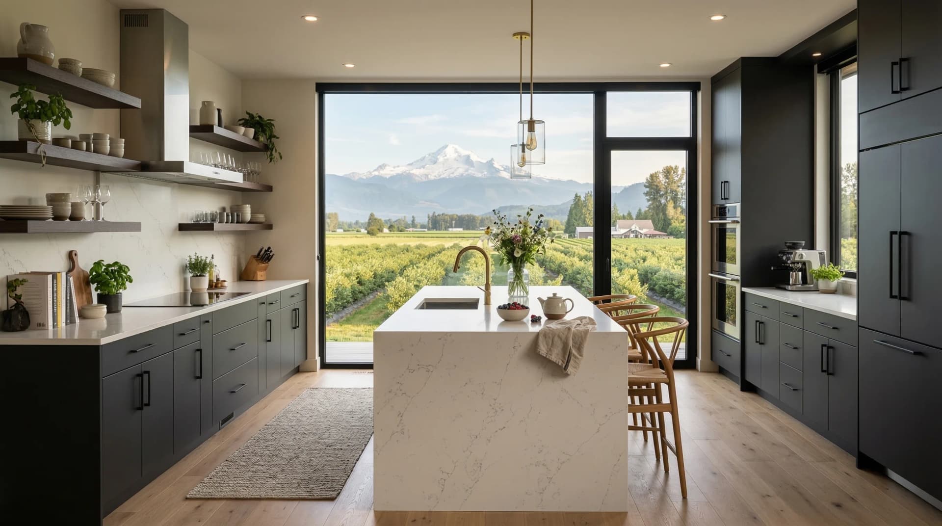 Distinctive Form — premium engineered quartz countertop with mitered waterfall island edge in a modern farmhouse Abbotsford, British Columbia kitchen. White quartz surface with subtle veining, dark teal-grey flat-panel cabinetry, floating dark wood shelves, brass lantern pendant lights, and expansive views of Fraser Valley farmland with Mount Baker's snow-capped peak through floor-to-ceiling sliding glass doors. Professional countertop fabrication and installation serving Abbotsford and surrounding areas.