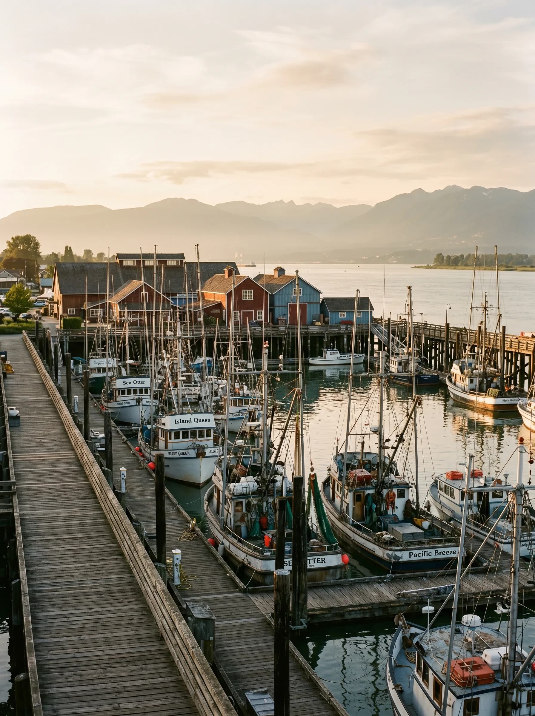 The historic Steveston Village waterfront in Richmond, BC with fishing boats moored along the Britannia Shipyards heritage pier — Distinctive Form serves Richmond and the Lower Mainland