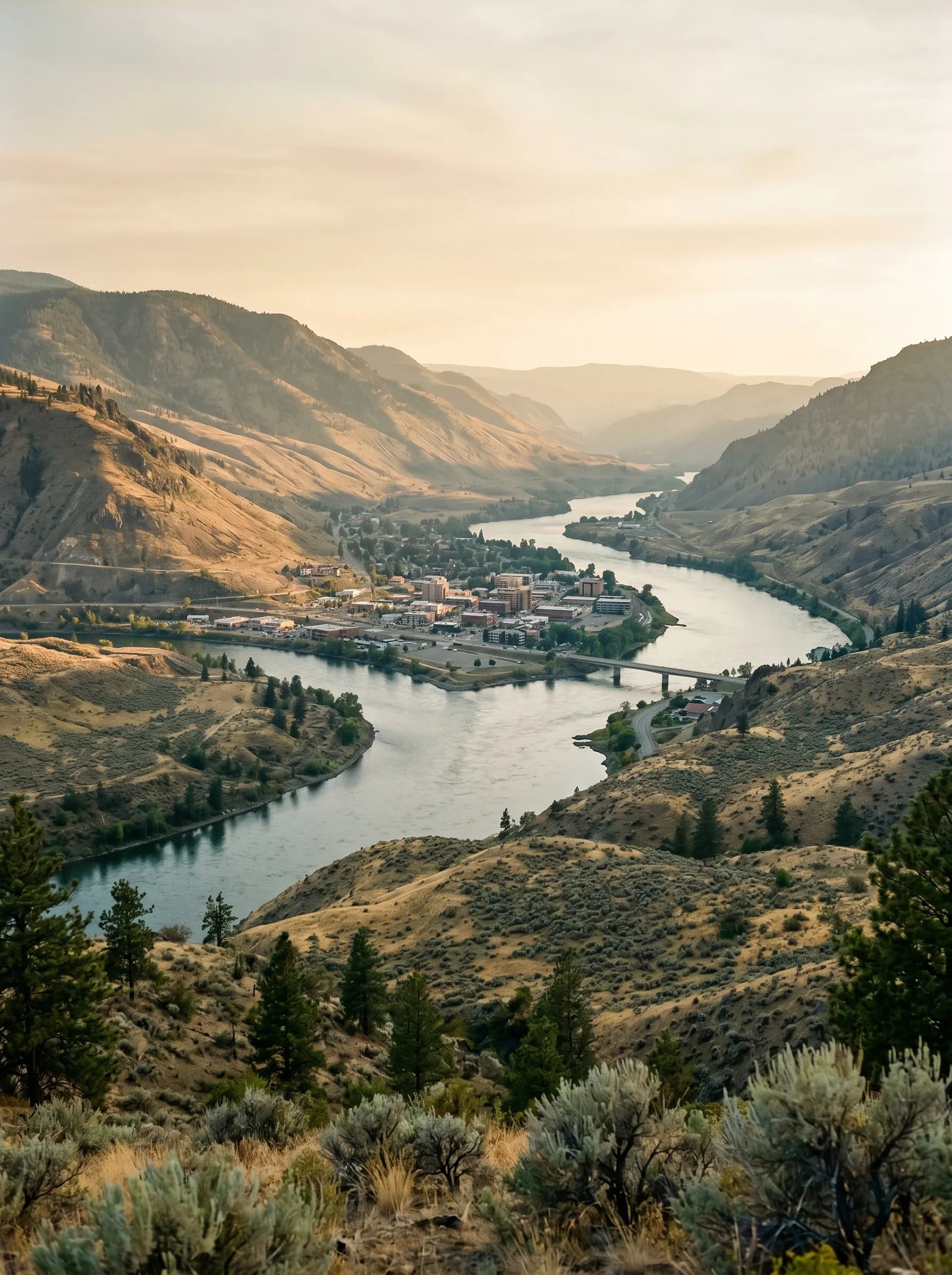 The confluence of the North and South Thompson Rivers at Kamloops with the downtown skyline framed by dry sage-and-tan grassland hills at golden hour — Distinctive Form serves Kamloops and the Thompson-Okanagan