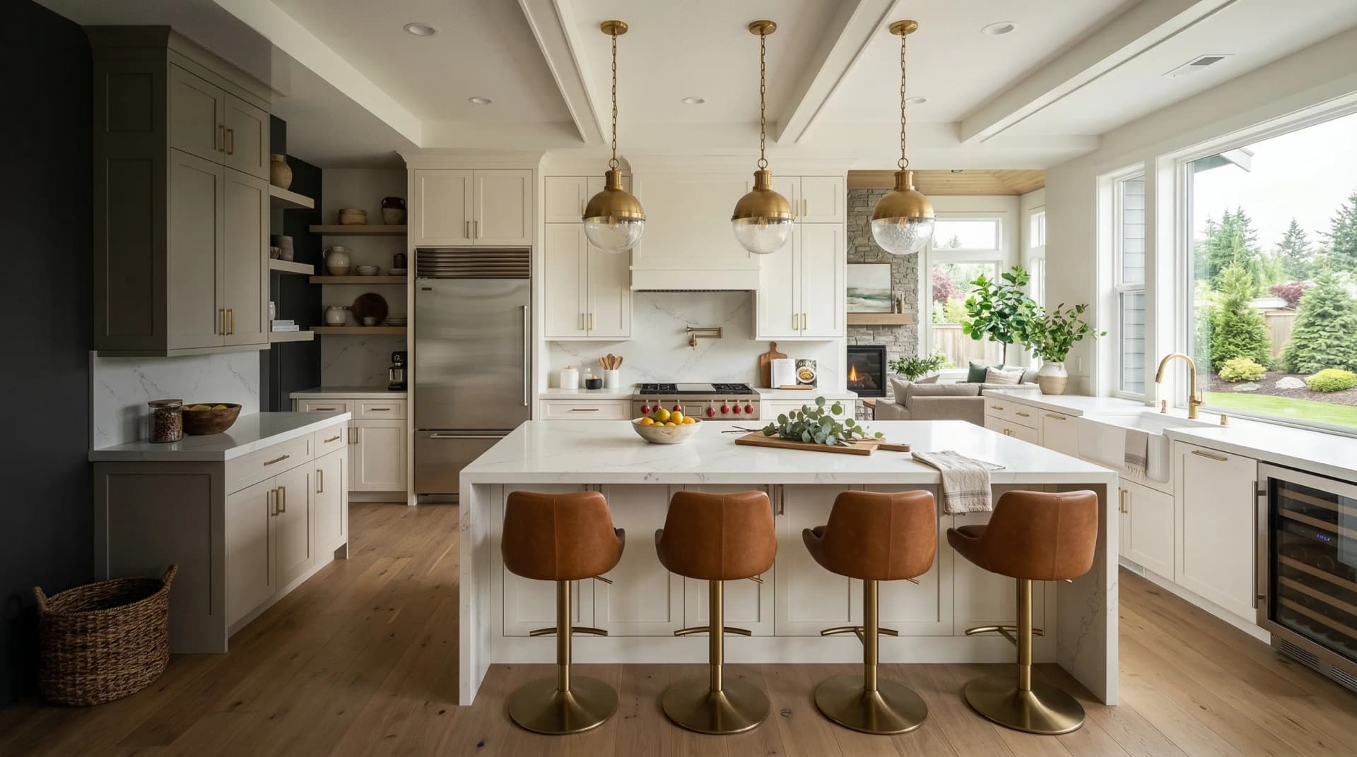Distinctive Form — premium engineered quartz countertop with eased edge profile in a luxurious transitional Surrey, British Columbia kitchen. White quartz surface on a large waterfall island, cream and olive-toned cabinetry, brass globe pendant lights, cognac leather bar stools with brass bases, professional-grade appliances, wine fridge, and garden views through large windows. Professional countertop fabrication and installation serving Surrey and surrounding areas.