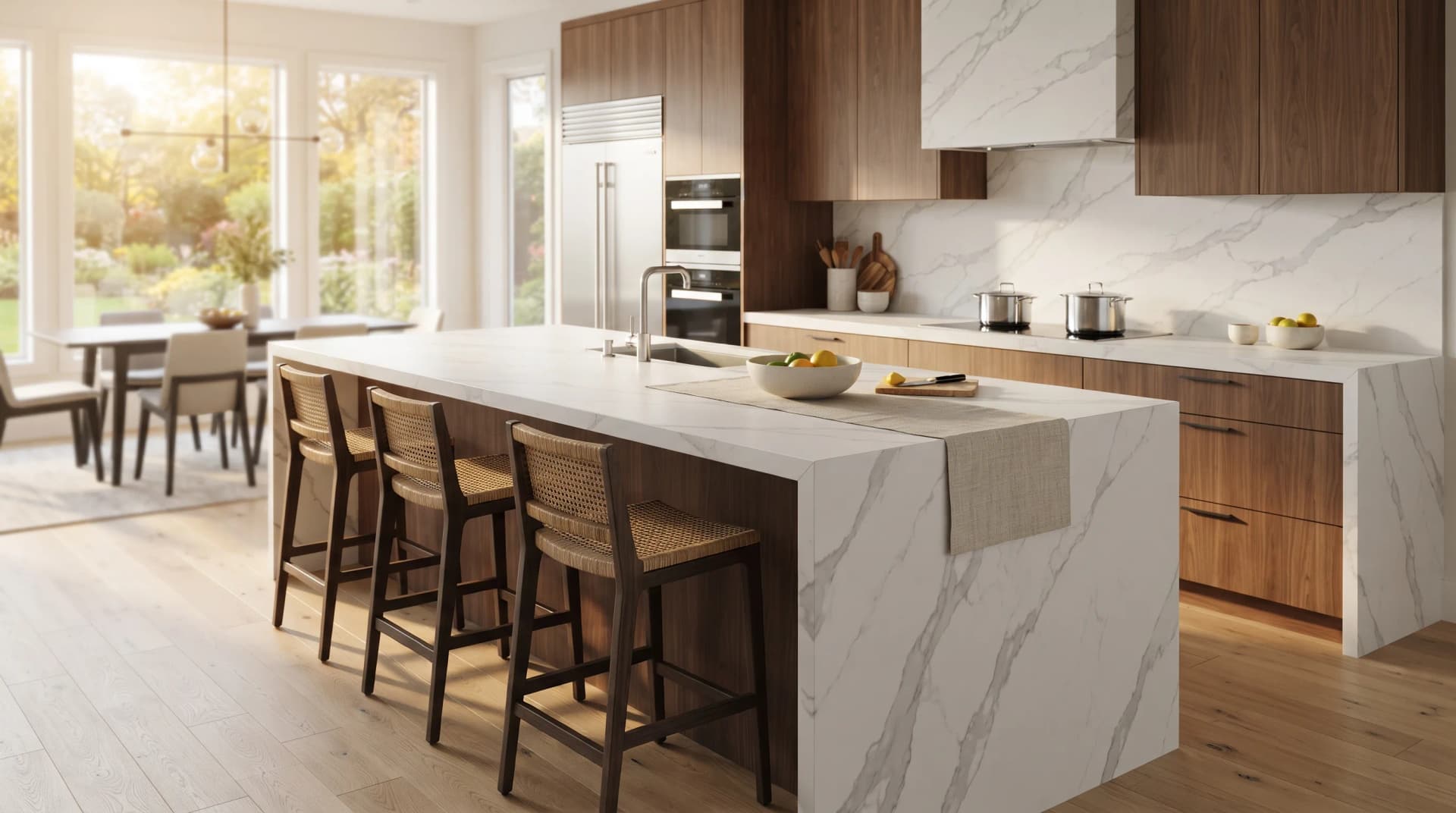 Contemporary Canadian kitchen with a porcelain slab island demonstrating the long-term value of the surface