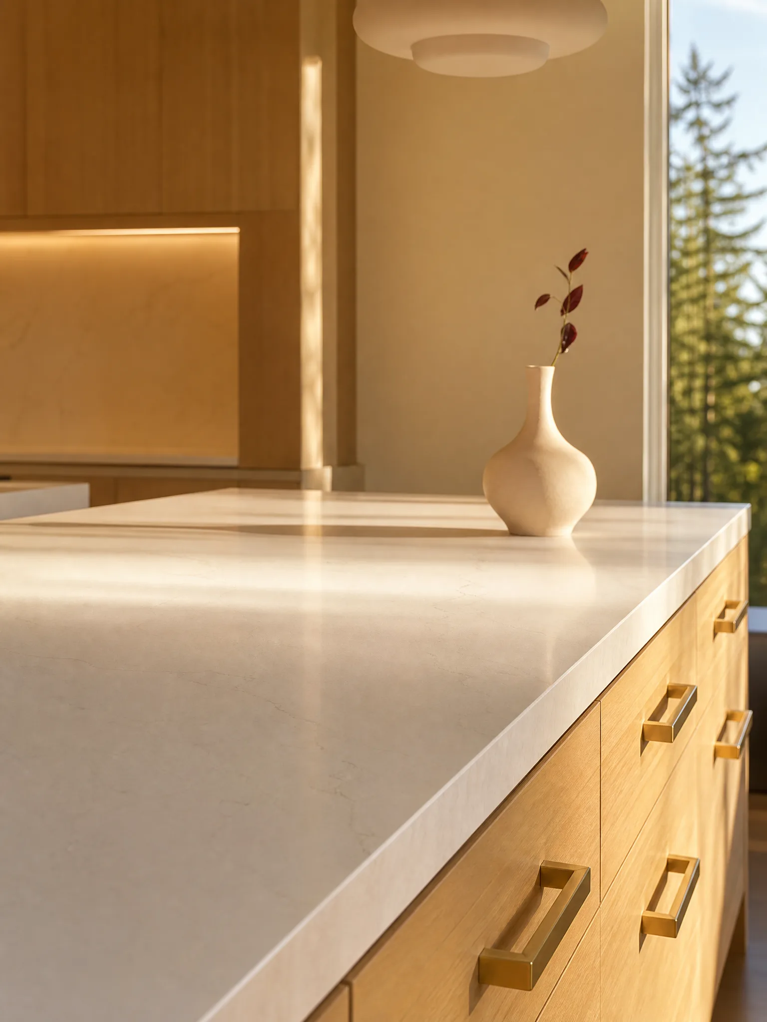 Luxurious modern Vancouver kitchen interior at golden hour — polished white engineered quartz countertop with eased edge profile, soft white-oak cabinetry, brushed brass hardware, and Pacific Northwest evergreens visible through a tall window. Distinctive Form premium quartz and porcelain countertop fabrication serving Vancouver.