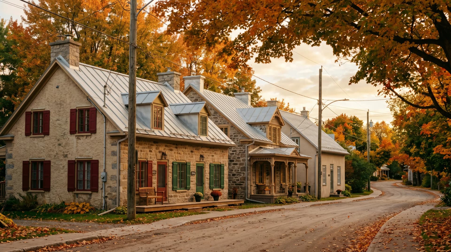 A preserved 1840s Aylmer Gatineau heritage street with stone-and-stucco Quebecois homes, tin-clad bell-cast roofs and wooden shutters under an arching canopy of autumn maples at golden hour — Distinctive Form serves Gatineau