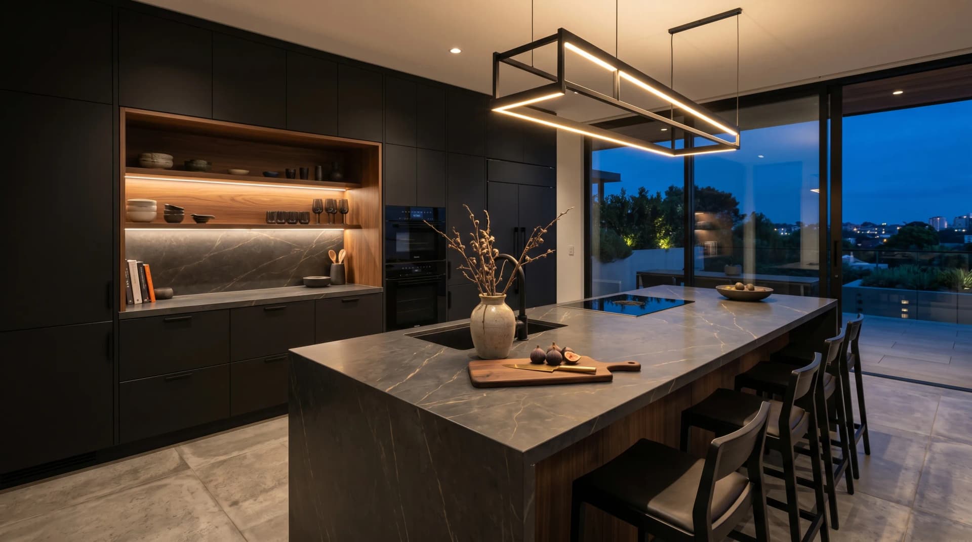 Distinctive Form premium quartz and porcelain countertops for Brampton homes — a contemporary kitchen with charcoal engineered porcelain countertops and eased edge profile.