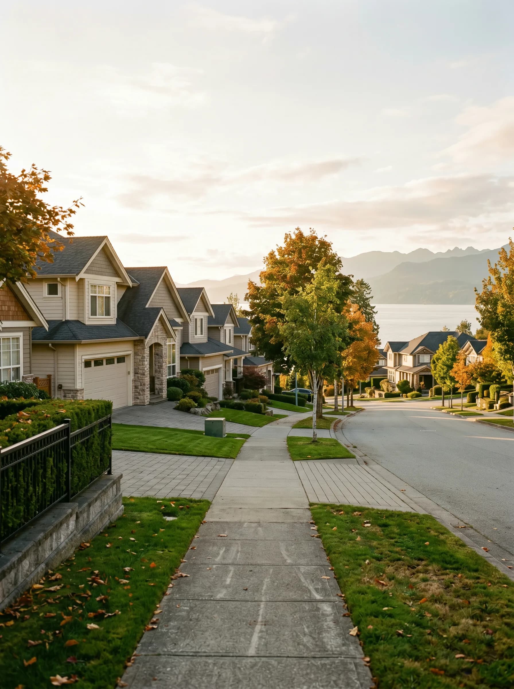 A Delta, BC residential street with newer two-story homes and the distant Strait of Georgia glimmering beyond a low coastal ridge — Distinctive Form serves Ladner, Tsawwassen, and North Delta