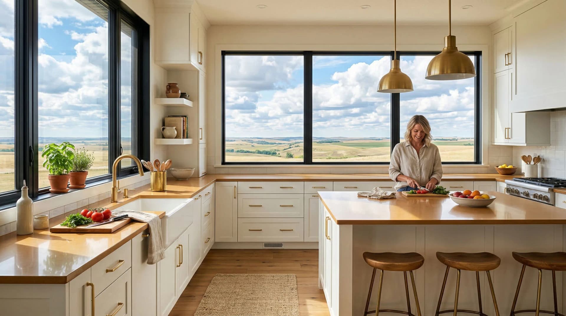 Distinctive Form — premium engineered quartz countertop with eased edge profile in a sun-filled modern farmhouse Medicine Hat, Alberta kitchen. White quartz island surface with butcher block perimeter counters, white shaker cabinetry, brass pendant lights and hardware, open corner shelving, and wide views of southeastern Alberta prairie landscape under big blue skies. Professional countertop fabrication and installation serving Medicine Hat and surrounding areas.