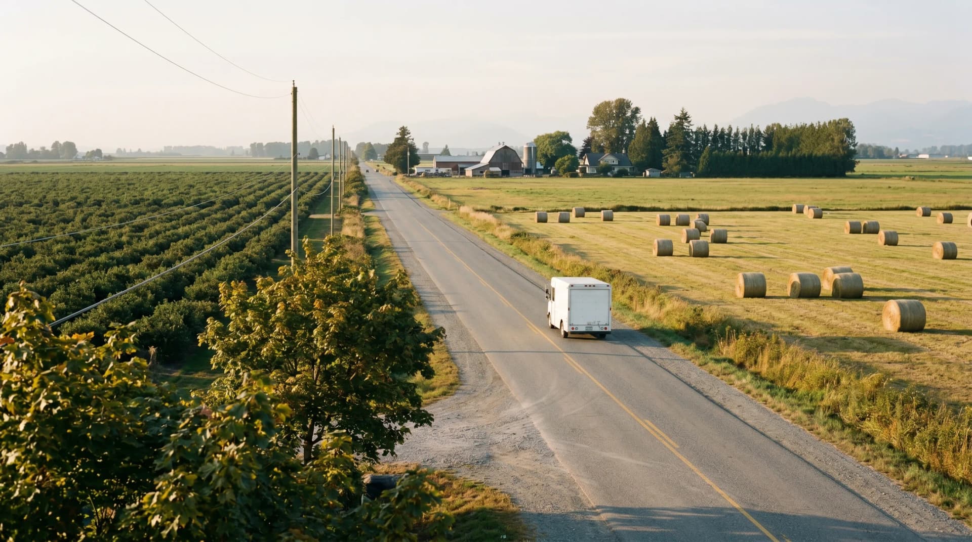 A quiet rural Sunbury or East Ladner Delta agricultural road at golden hour with a single delivery truck heading toward a distant Delta property, blueberry fields, rolled hay bales, big-leaf maples, and Pacific autumn haze — Distinctive Form serves Delta