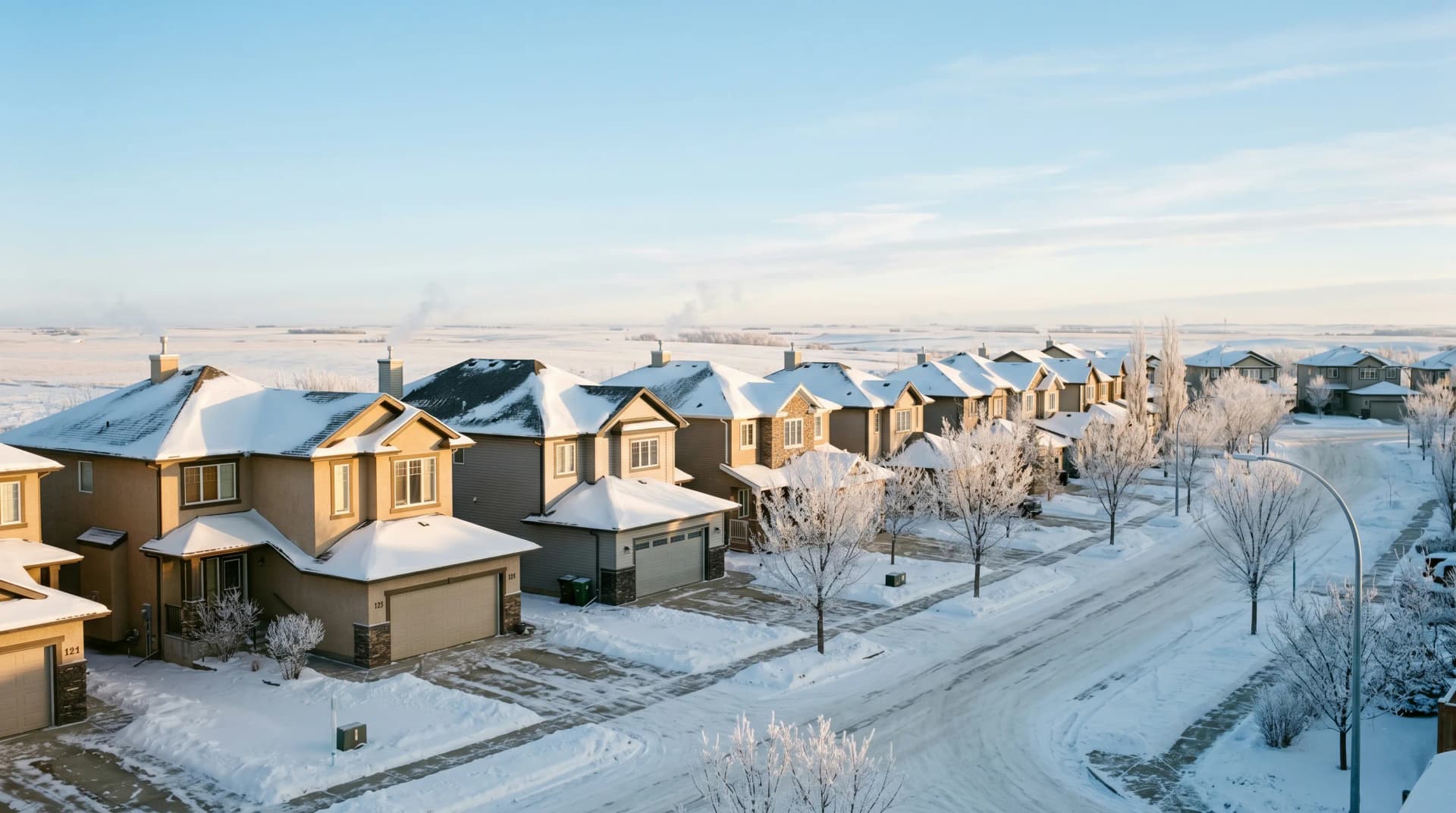 A Harbour Landing or The Creeks Regina neighborhood in deep mid-winter with heavy hoarfrost on bare trees, severe snow accumulation on rooftops, and a wide cold pale-blue prairie sky overhead — Distinctive Form serves Regina