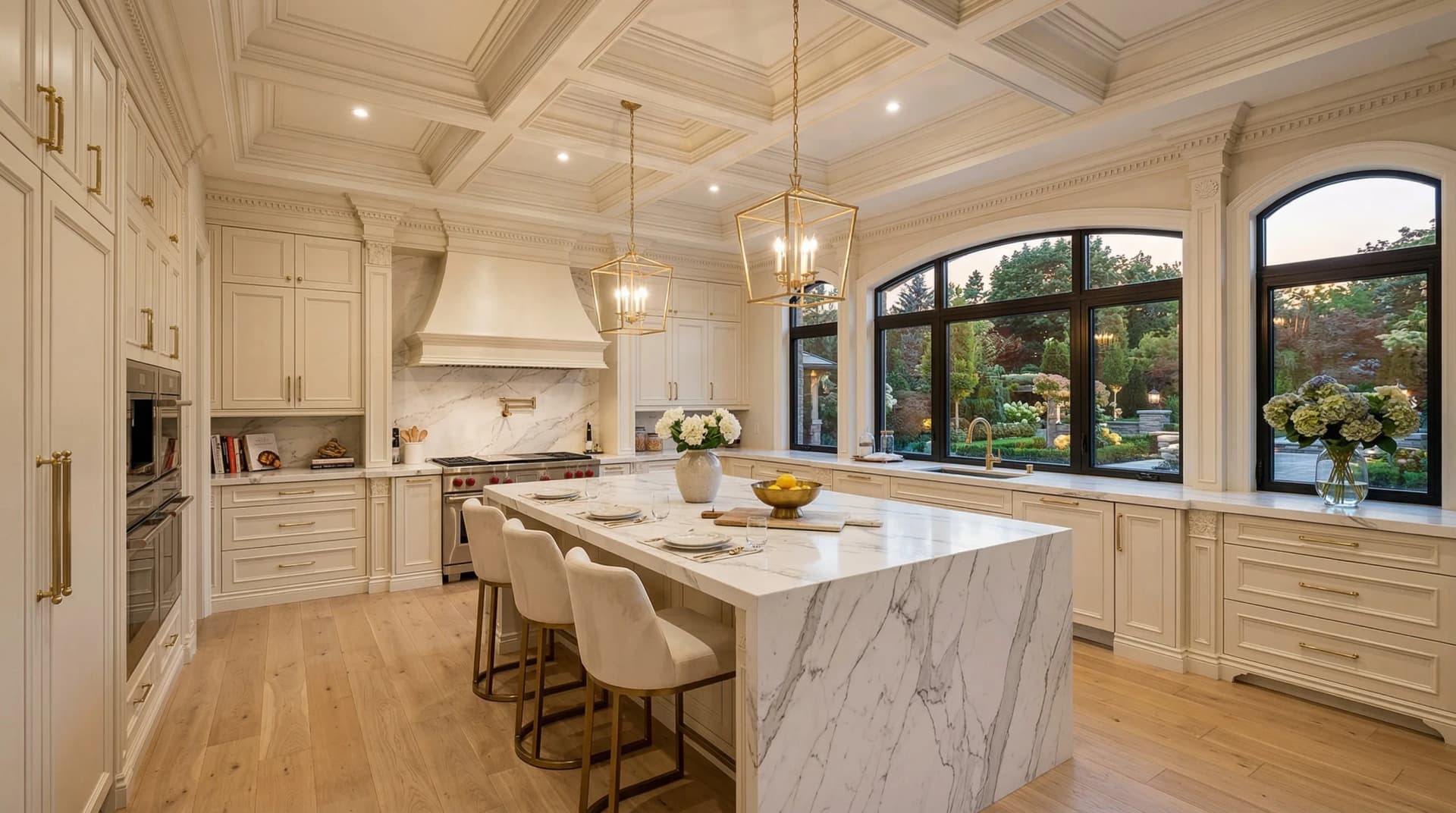 Distinctive Form — premium engineered quartz countertop with mitered waterfall island edge in an elegant luxury Vaughan, Ontario kitchen. White marble-veined quartz surface with dramatic grey veining, cream raised-panel cabinetry, coffered ceiling, gold lantern chandeliers, arched black-framed windows, velvet upholstered bar chairs, and manicured estate garden views at dusk. Professional countertop fabrication and installation serving Vaughan and surrounding areas.