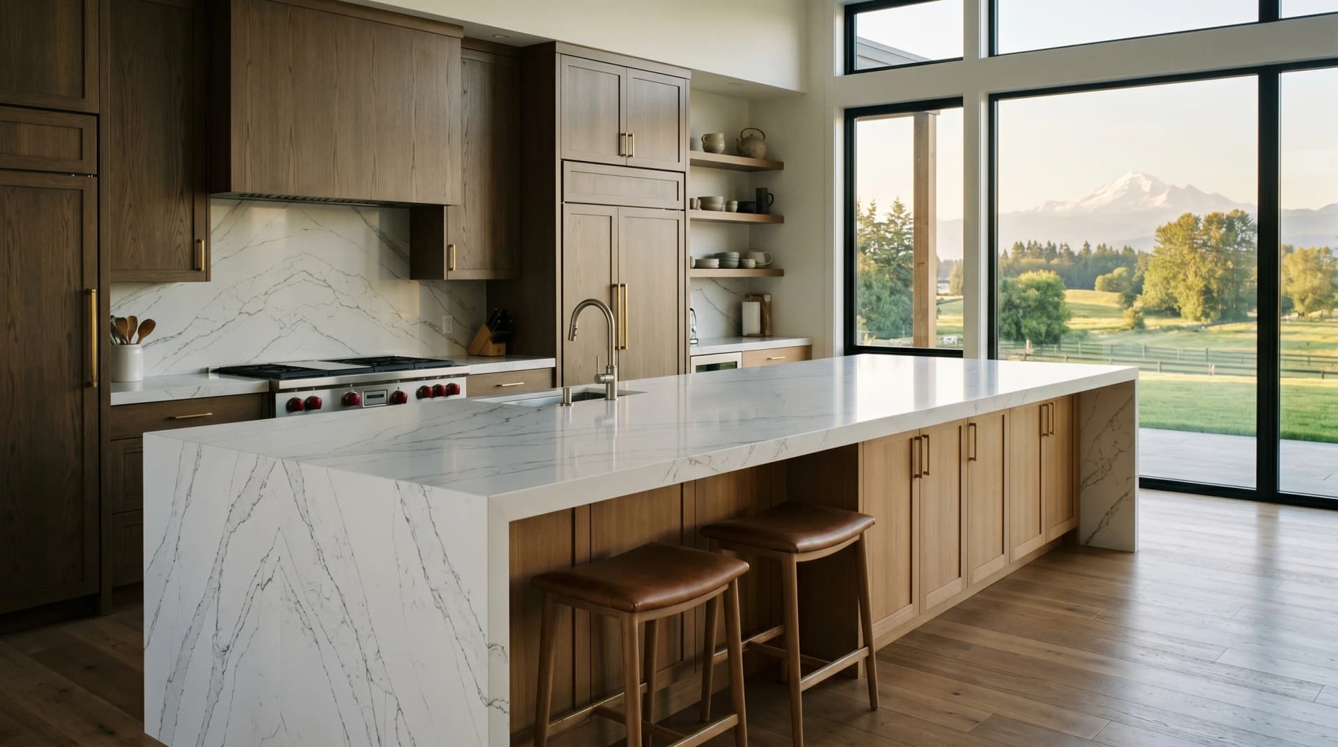 A luxurious Mount Lehman Abbotsford custom-home grand kitchen at golden hour with an exceptionally long polished white engineered quartz waterfall island, mitered edge, book-matched veining flowing across an invisible seam, and white-oak cabinetry — Distinctive Form serves Abbotsford