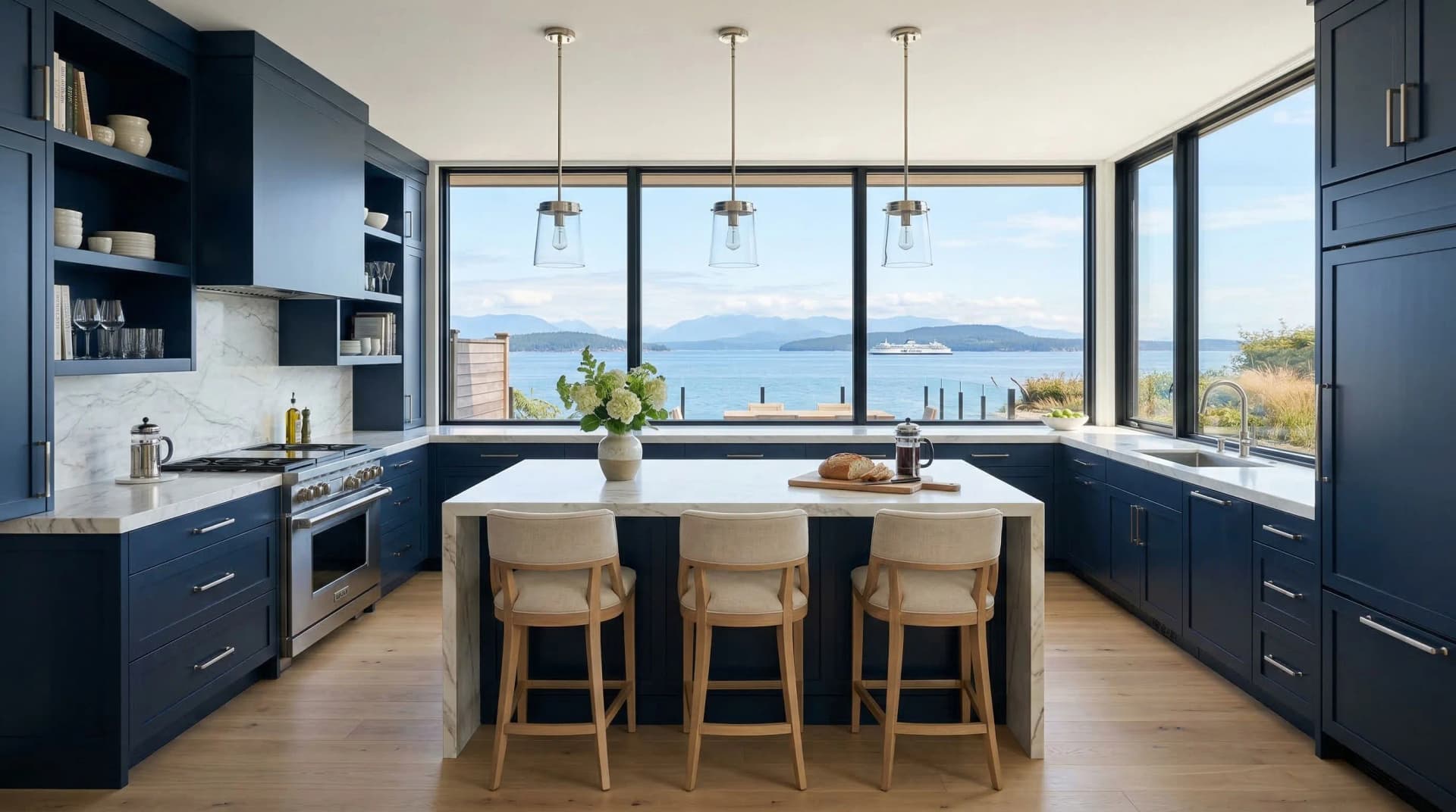 Distinctive Form — premium engineered quartz countertop with eased edge profile in a nautical-inspired coastal Delta, British Columbia kitchen. White quartz island surface, deep navy blue shaker cabinetry, clear glass cylinder pendant lights, upholstered linen bar stools, marble backsplash, and panoramic ocean views of Georgia Strait, Gulf Islands, and distant mountain ranges through expansive windows. Professional countertop fabrication and installation serving Delta and surrounding areas.