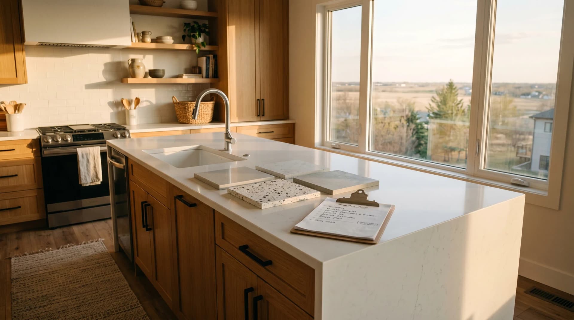 A Westman family kitchen in Brandon at golden hour with a polished white engineered quartz waterfall island and clean eased edge over honey-oak cabinetry, large material sample swatches arranged on the counter for at-home selection, and warm prairie light through a tall window — the premium urban-level selection Distinctive Form brings directly to Brandon