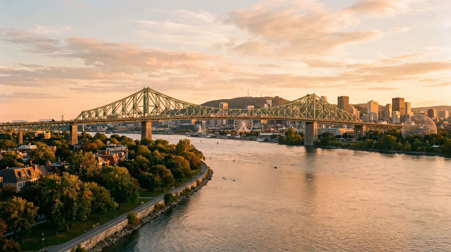 The St. Lawrence River dividing Longueuil from Montreal at golden hour with the green steel Pont Jacques-Cartier arcing across the frame and the downtown Montreal skyline rising on the far Island bank — Distinctive Form serves Longueuil