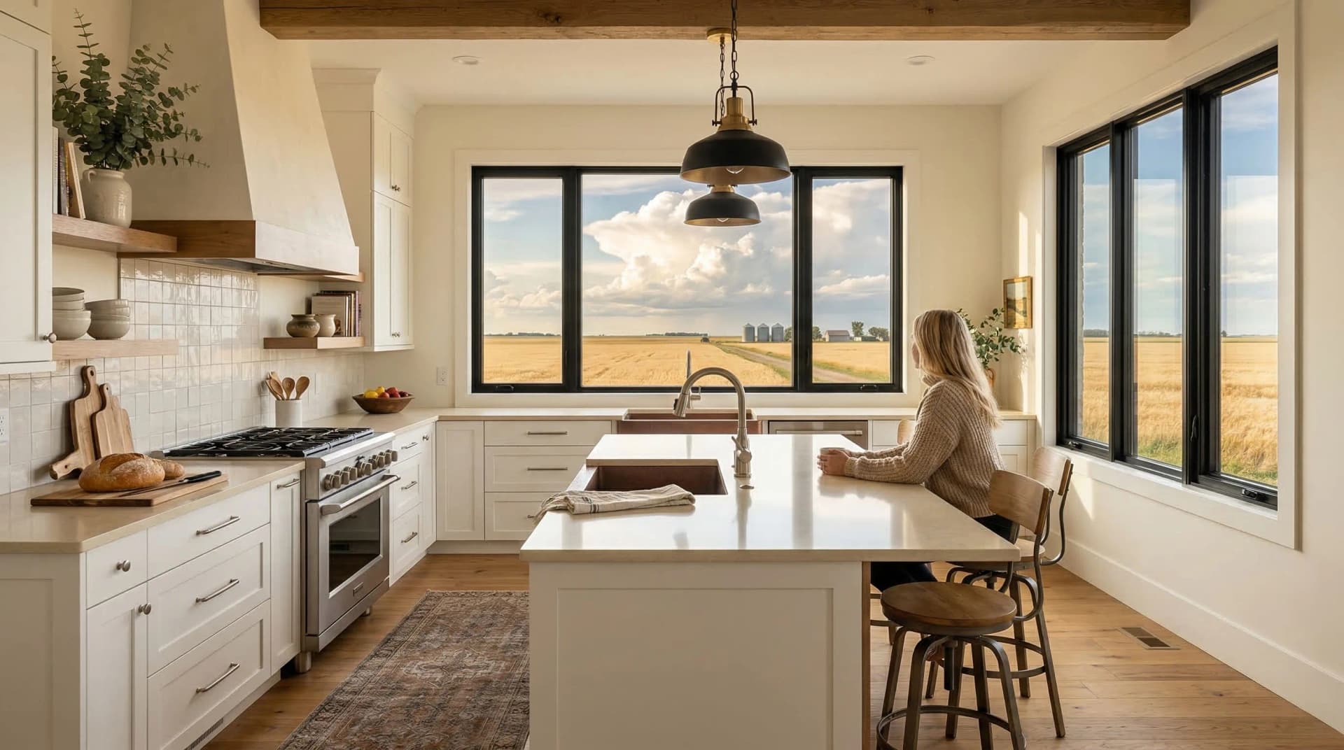 Distinctive Form — premium engineered quartz countertop with eased edge profile in a modern farmhouse Brandon, Manitoba kitchen. White quartz island surface with subtle veining, white shaker cabinetry, exposed wood ceiling beams, industrial black pendant lighting, farmhouse sink, open wood shelving, and expansive golden prairie wheat field views through large black-framed windows. Professional countertop fabrication and installation serving Brandon and surrounding areas.