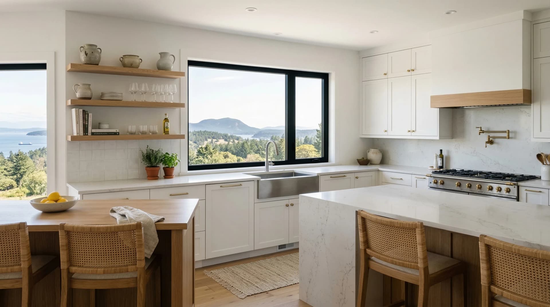 Distinctive Form — premium engineered quartz countertop with eased edge profile in a coastal modern Saanich, British Columbia kitchen. White quartz perimeter countertops with subtle veining, white shaker cabinetry, natural oak floating shelves, woven rattan dining chairs, brass pot filler, and expansive ocean and mountain island views through black-framed windows. Professional countertop fabrication and installation serving Saanich and surrounding areas.