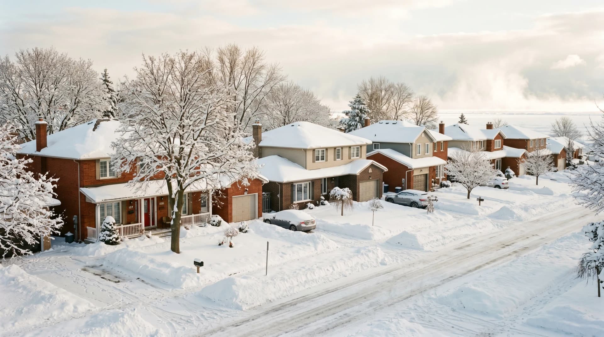 A Lakeview Oshawa residential street in deep mid-winter with red-brick family homes under heavy lake-effect snow, mature maples coated in fresh wet snow and a low drifting Lake Ontario snow squall on the horizon — Distinctive Form serves Oshawa