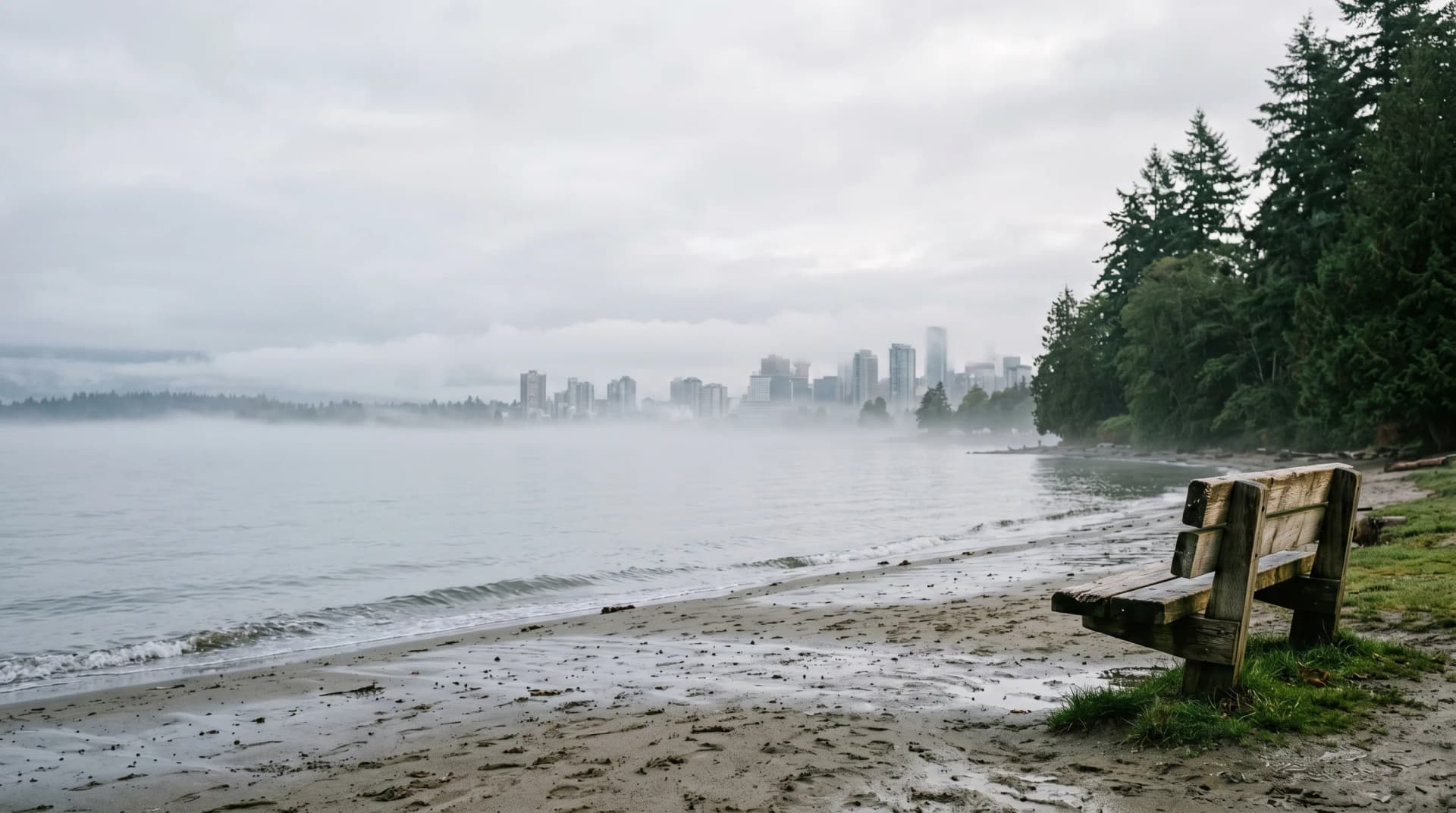 Kitsilano Beach in Vancouver on a soft overcast morning with sea mist drifting over English Bay — the coastal humidity Vancouver homes contend with year-round