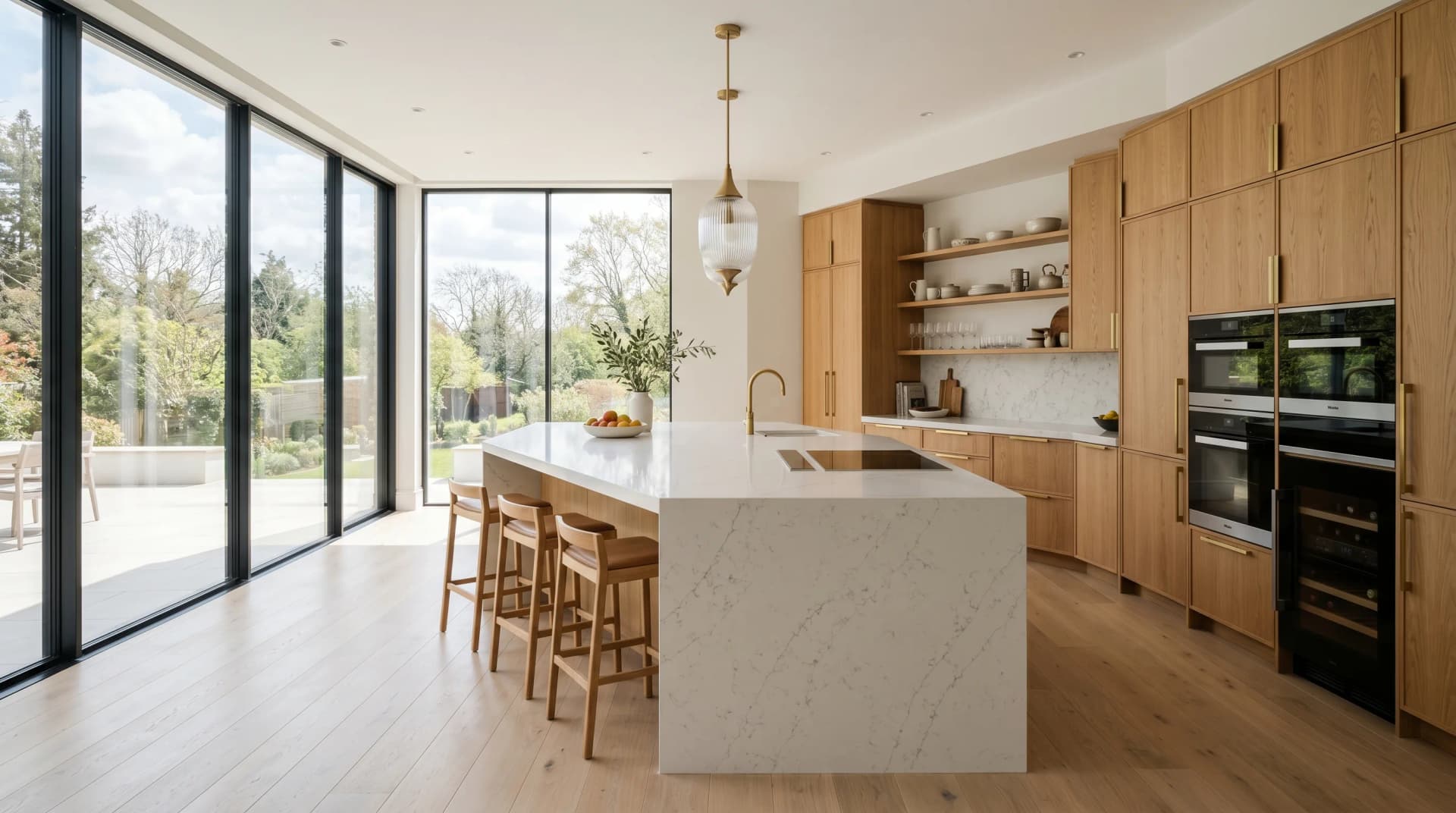 Distinctive Form premium quartz and porcelain countertops for Ottawa homes — a sunlit modern kitchen featuring a white engineered quartz waterfall island with mitered edge.