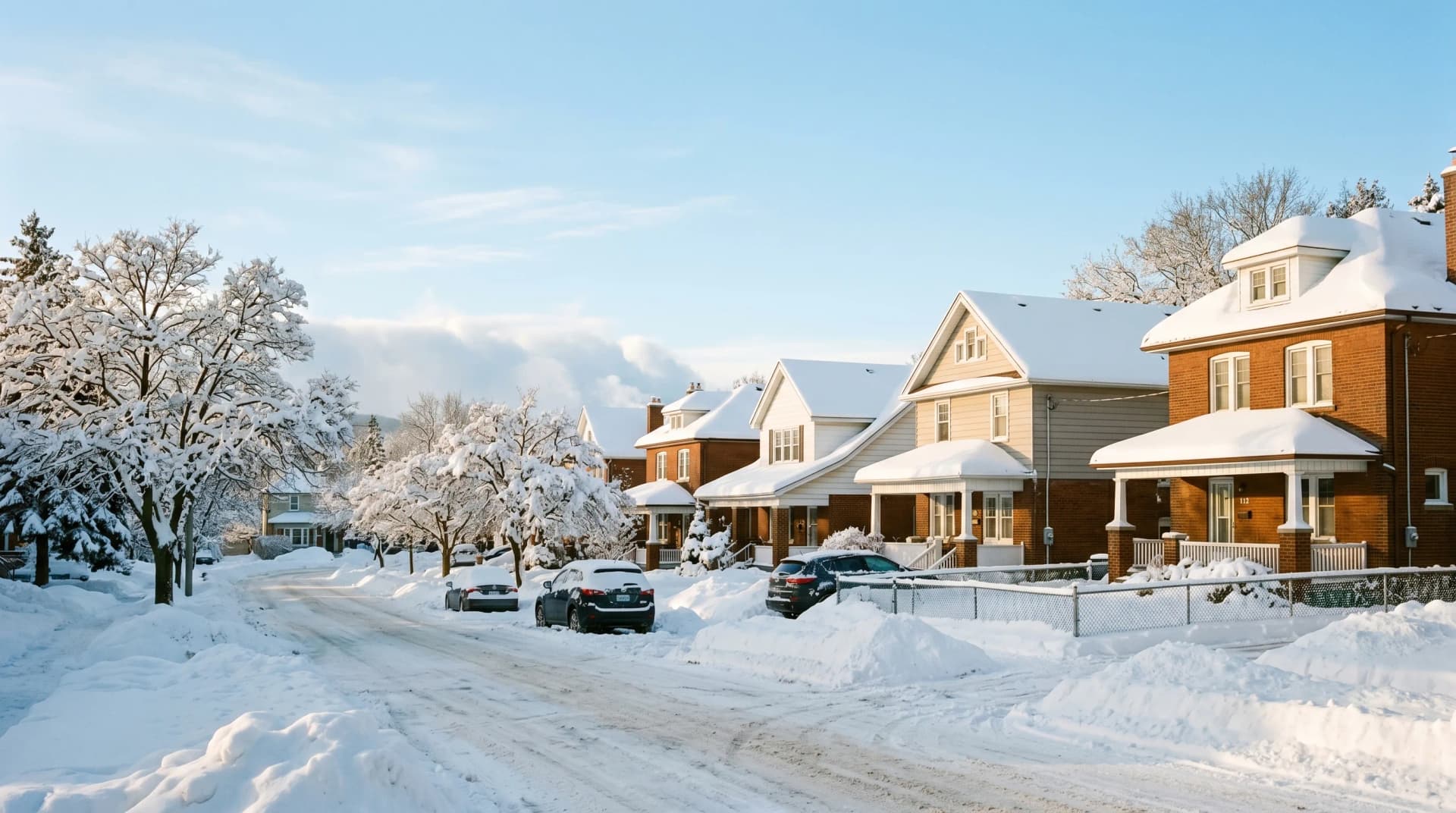 A residential London street after a heavy lake-effect snowfall with snow piled on rooftops and along fences and a faint snow squall on the horizon — Distinctive Form serves London