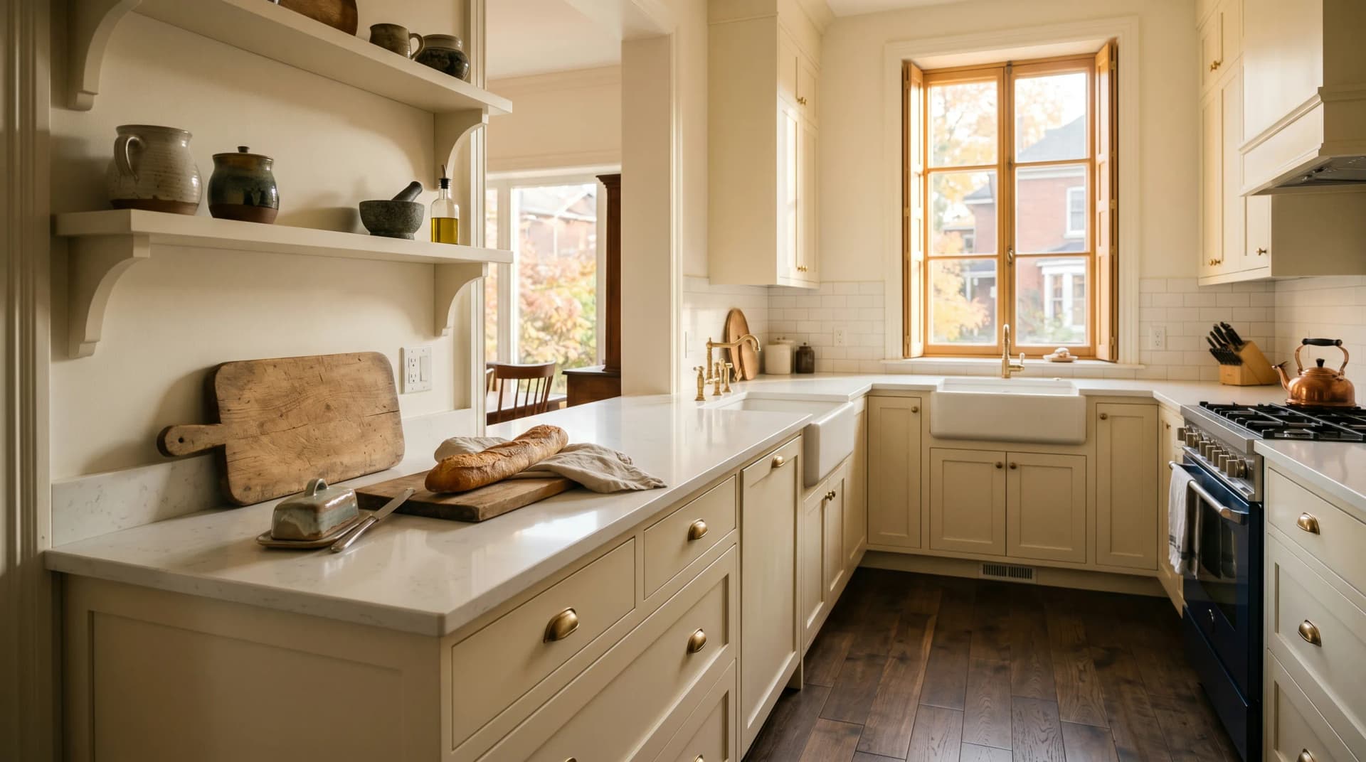 An elegant Sainte-Foy or Montcalm Quebec City kitchen with a white quartz countertop on warm cream-painted shaker cabinetry, a rustic baguette on a bread board, and a tall Quebec-style window with painted shutters — the French-language Quebec City market Distinctive Form serves bilingually