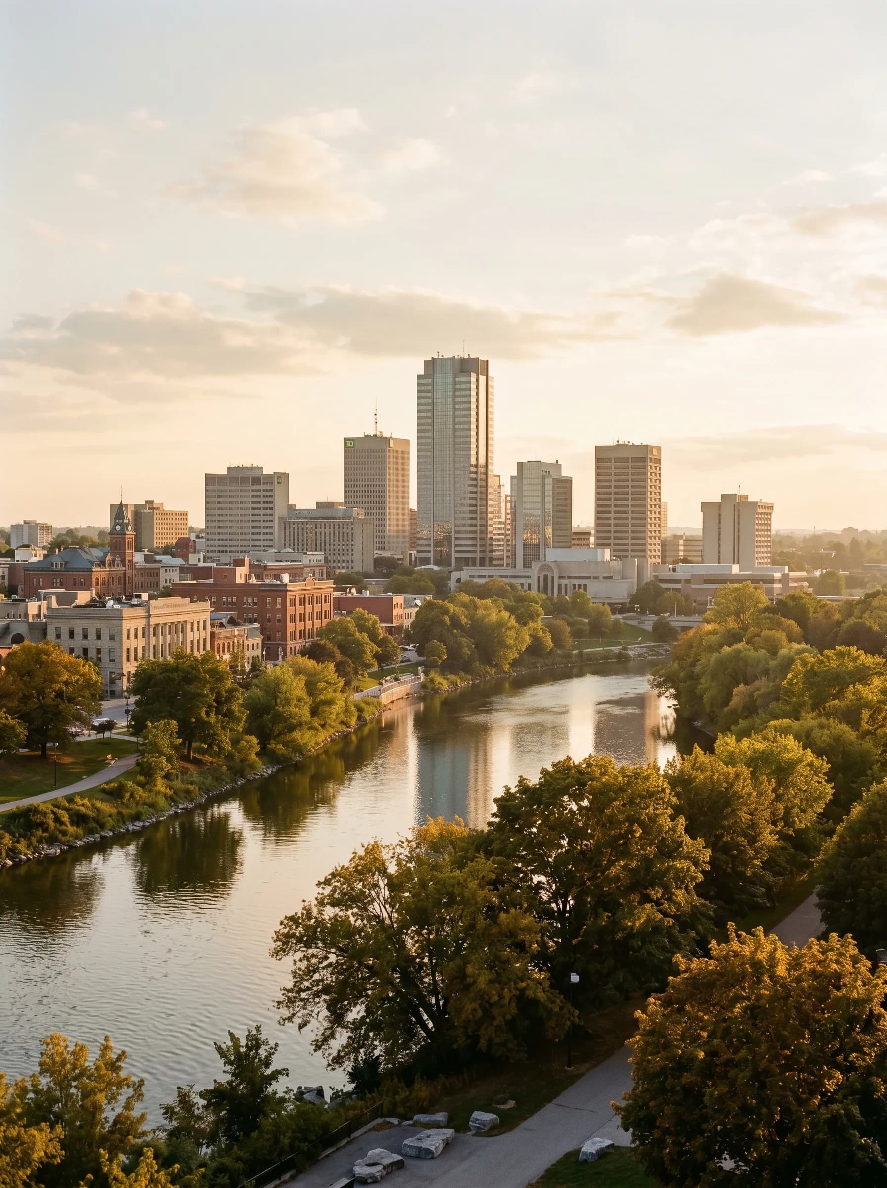 The downtown London, Ontario skyline rising above the Thames River with the limestone-and-brick historic core at golden hour — Distinctive Form serves London and Southwestern Ontario