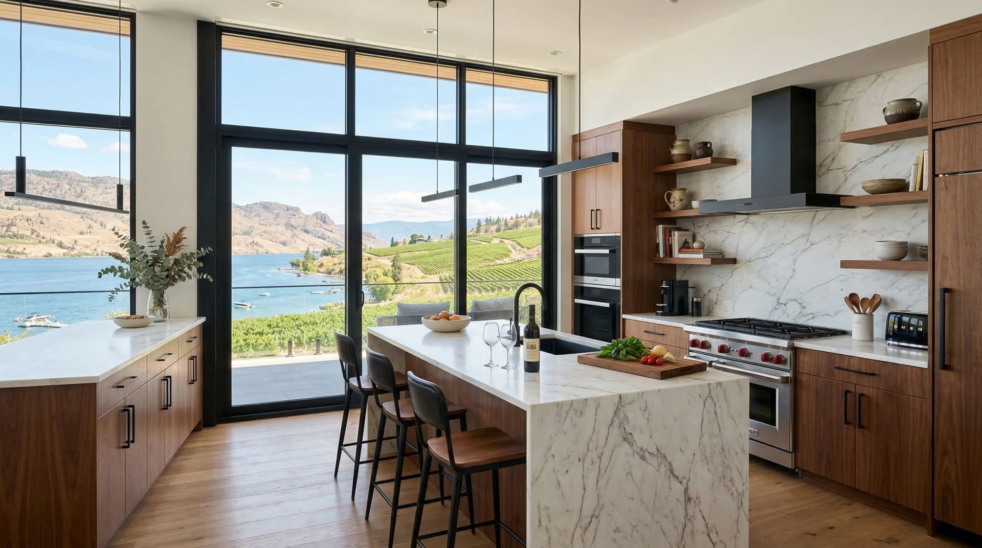 Distinctive Form — premium engineered quartz countertop with mitered waterfall island edge in a modern Kelowna, British Columbia kitchen. White marble-veined quartz surface, warm walnut cabinetry, marble slab backsplash, open wood shelving, linear pendant lighting, floor-to-ceiling windows with Okanagan Lake and vineyard hillside views. Professional countertop fabrication and installation serving Kelowna and surrounding areas.