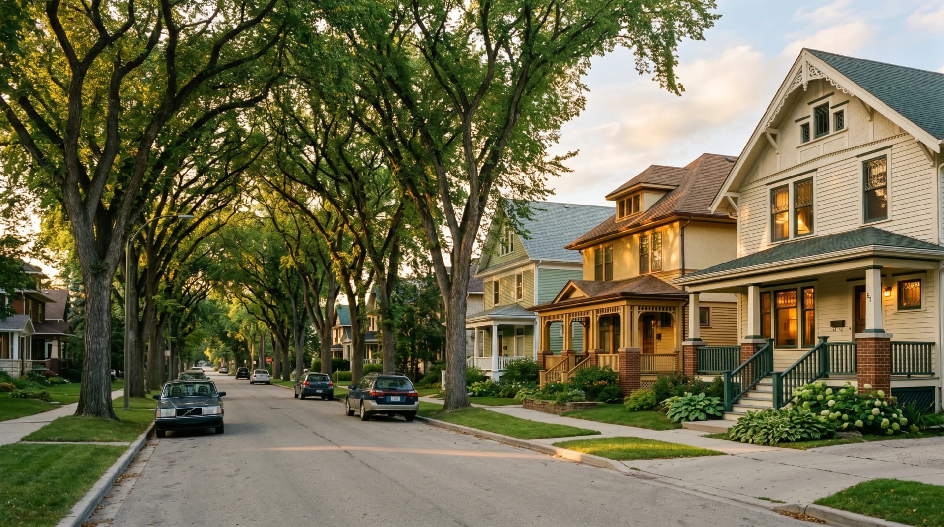 A Wolseley Winnipeg character-home street with iconic 1910s century homes, decorative gable trim, and the distinctive Wolseley American Elm tunnel forming an arching canopy overhead at golden hour — the character homes Distinctive Form renovates in Winnipeg