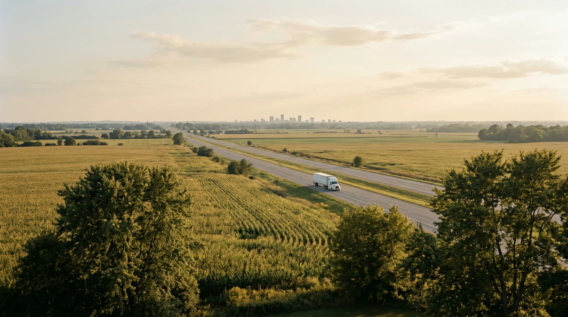 Highway 401 stretching across open Southwestern Ontario farmland outside London with a single transport truck heading west and the distant London skyline on the horizon — Distinctive Form serves London