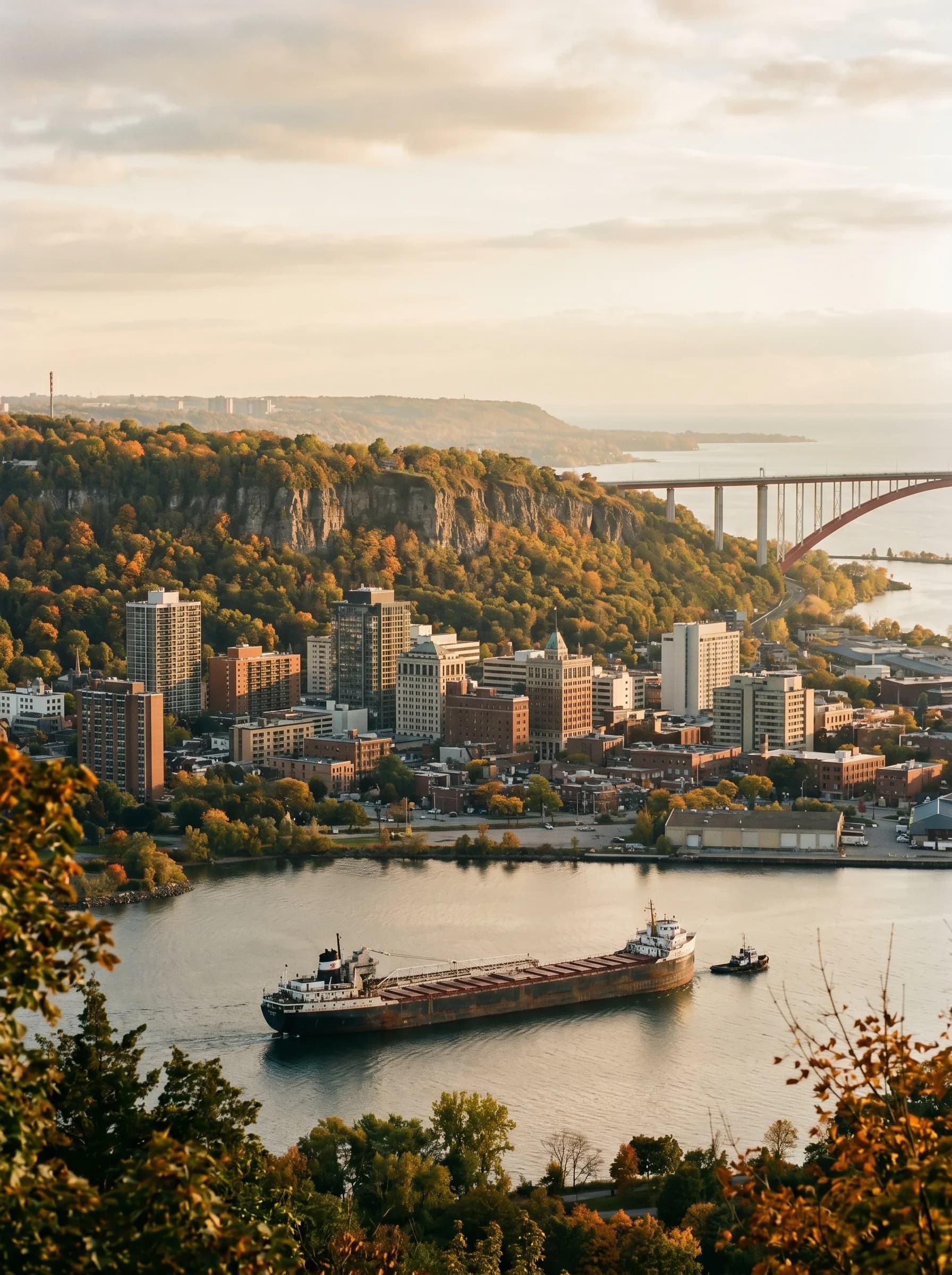 The Niagara Escarpment with the downtown Hamilton skyline below and the red-and-white Skyway Bridge arching across the harbour at golden hour — Distinctive Form serves Hamilton and the Golden Horseshoe