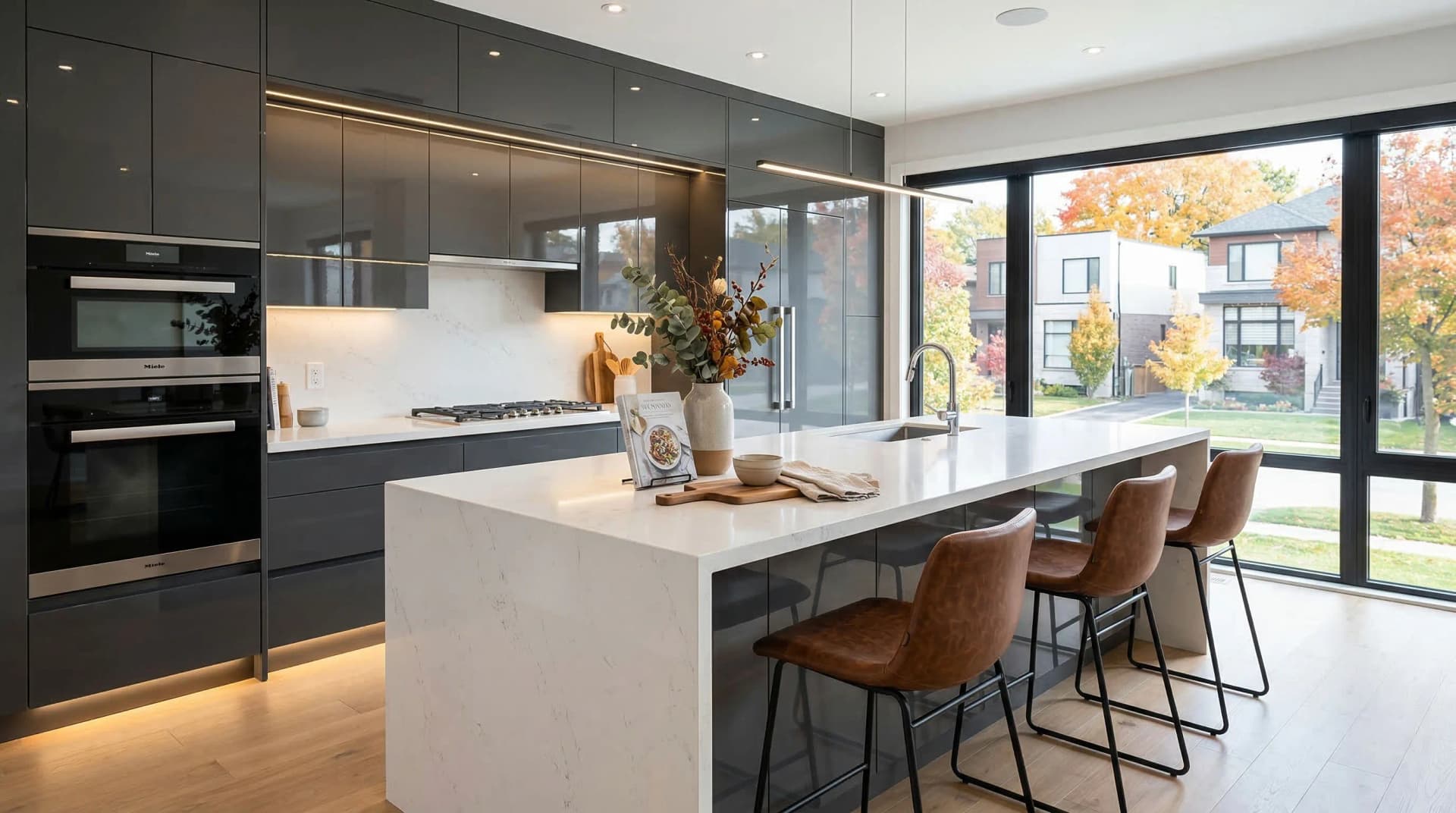 Distinctive Form — premium engineered quartz countertop with mitered waterfall island edge in a sleek contemporary Markham, Ontario kitchen. White quartz surface with subtle veining, charcoal grey flat-panel cabinetry, integrated appliances, cognac leather bar stools, linear LED lighting, light hardwood floors, and tree-lined suburban neighbourhood views with autumn foliage through floor-to-ceiling windows. Professional countertop fabrication and installation serving Markham and surrounding areas.