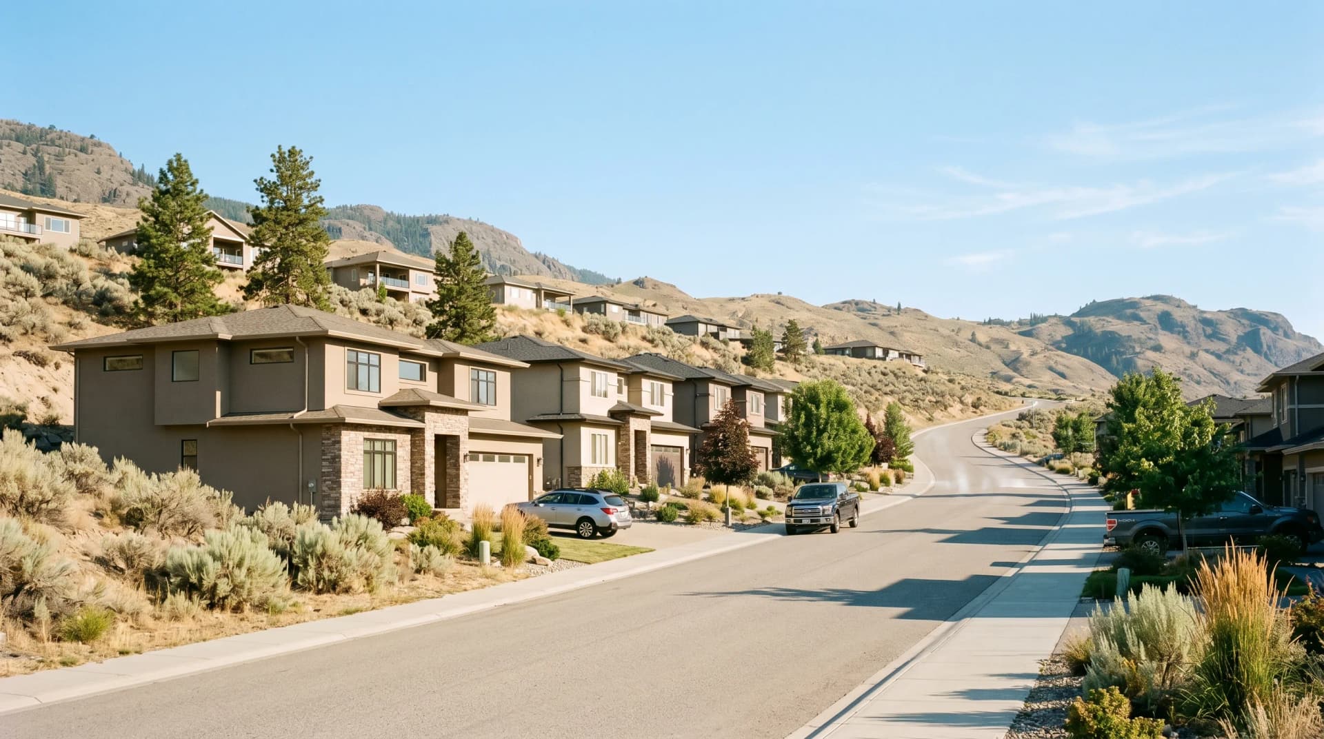 A Sahali or Aberdeen Kamloops residential street at golden hour in mid-summer with contemporary 2010s detached homes on dry sage-and-tan grassland hillsides, distinct arid semi-desert sage-brush, faint heat shimmer, and a clear pale-blue Interior BC sky — Distinctive Form serves Kamloops
