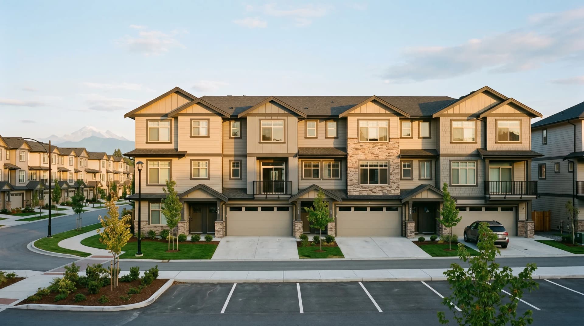 A brand-new Willoughby or Yorkson Langley townhome cluster at golden hour with newly-completed 2020s three-story stacked townhomes, beige siding and stone accents, tandem garages, and Mount Baker faintly on the horizon — Distinctive Form serves Langley