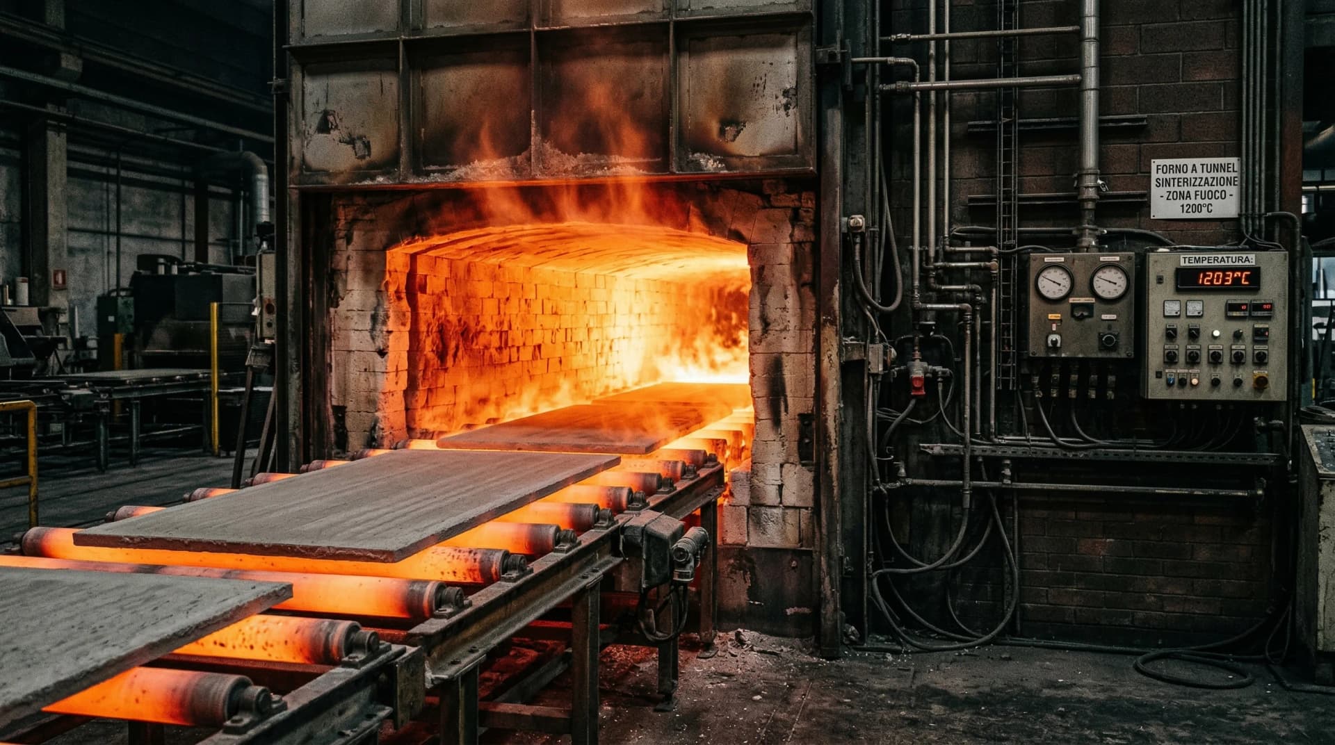 Distinctive Form — porcelain slab sintering kiln firing process. Large porcelain slabs on a roller conveyor entering a massive tunnel kiln glowing intense orange-red at 1200°C, with heat shimmer visible around the kiln opening and refractory brick-lined walls, industrial temperature gauges on the exterior — demonstrating the sintering process that fuses natural mineral particles at the molecular level to create a virtually non-porous, resin-free surface with heat resistance up to 316°C.