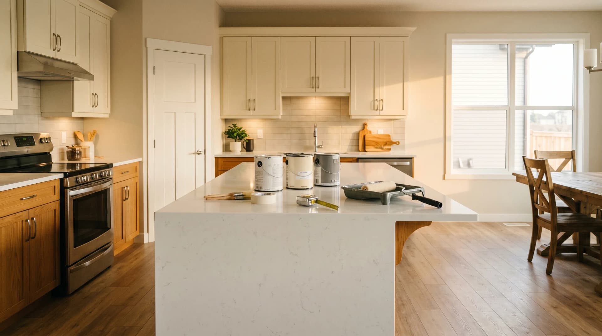 A Red Deer Timberlands suburban kitchen mid-upgrade with a polished white engineered quartz waterfall island and clean eased edge being installed over honey-oak builder-grade cabinetry at golden hour — the after-possession upgrades Distinctive Form delivers in Red Deer