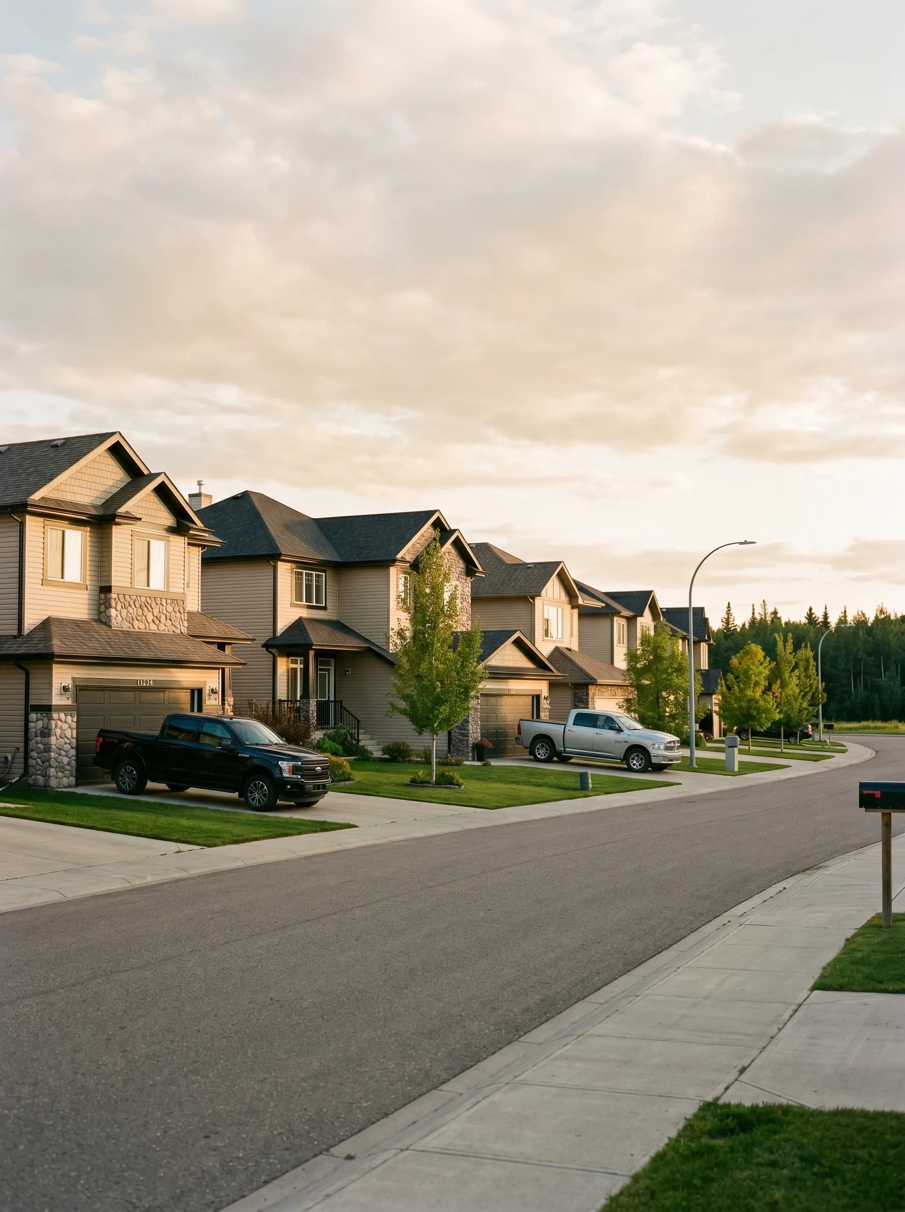 A residential street in Grande Prairie, Alberta with newer two-story homes, pickup trucks in driveways and a distant boreal treeline — Distinctive Form serves Grande Prairie and the Peace Region